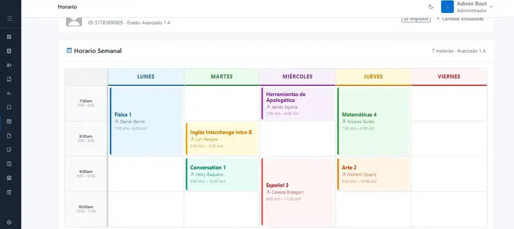 Pantalla de horario semanal de Skoole ERP con las materias de la semana por dia y hora