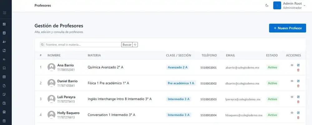 Pantalla de gestion de profesores de Skoole ERP con listado de docentes, materia, grupo y estado